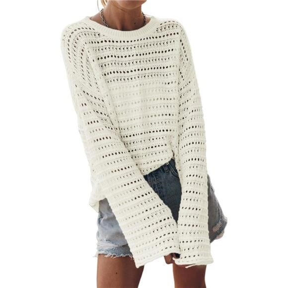 Crochet Knit Sweater – Lightweight Resort Wear Pullover, Sheer Long Sleeve Top - Picture 1 of 4
